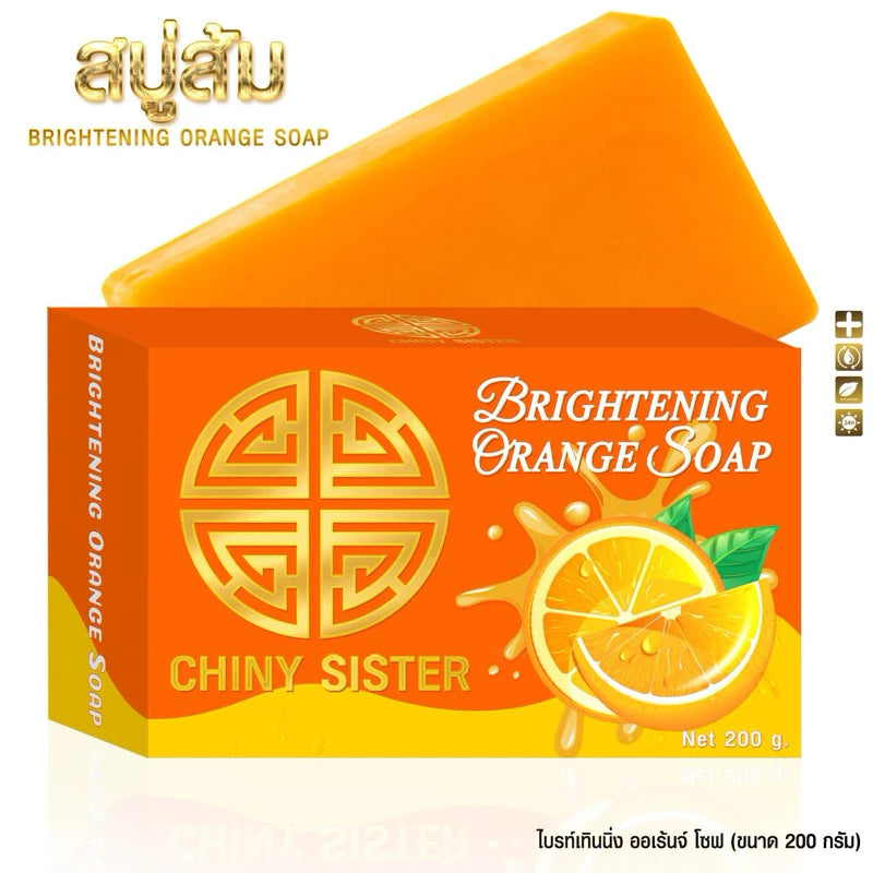 Chiny Sister Brightening Orange Soap 200g Thai premium vitamin C whitening bar showing radiant luminous skin for wholesale buyers