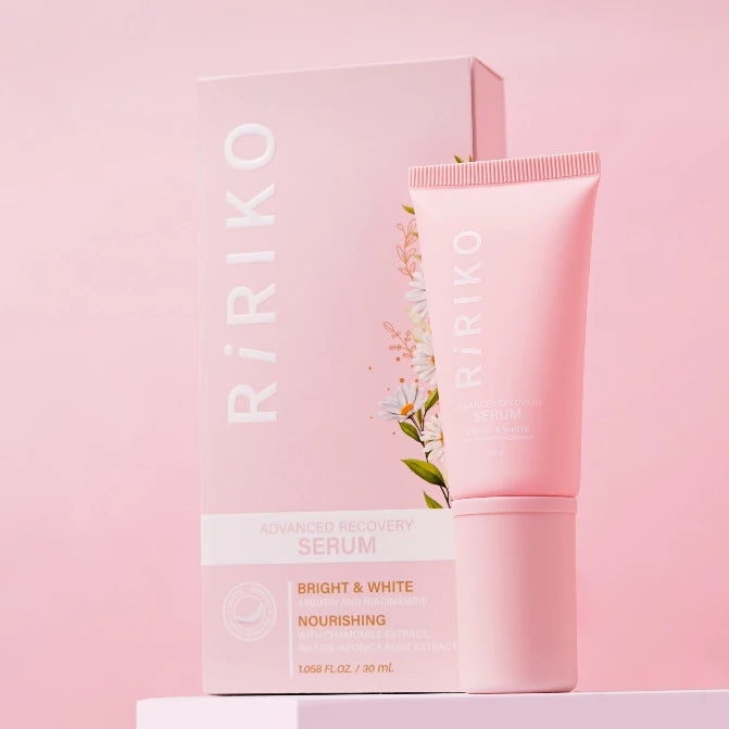 RiRIKO Advanced Recovery Serum 30ml tube packaging Thailand soothing brightening gel with Arbutin Vitamin B3 Wasabi Root Extract