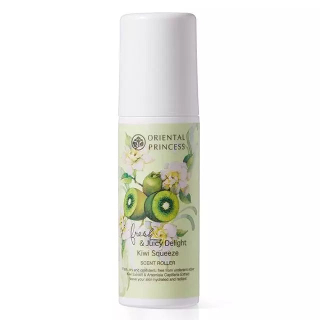 Oriental Princess Kiwi Squeeze scented roller on a white background