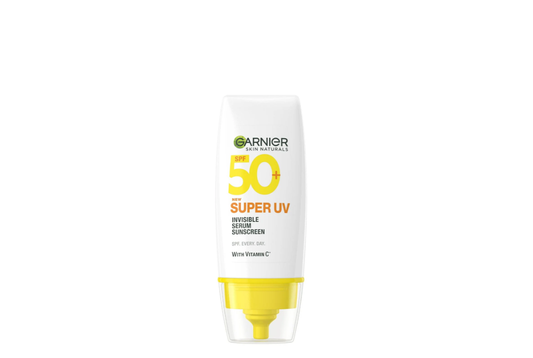 Garnier Skin Naturals Super UV Invisible Serum Sunscreen SPF50+ PA++++ 30ml bottle packaging lightweight facial sunscreen with Vitamin C
