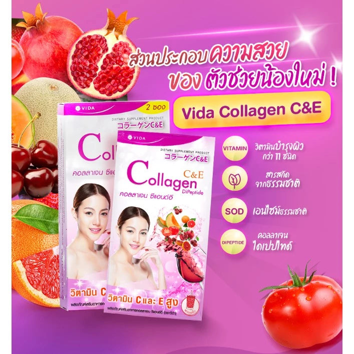 Woman drinking Vida collagen C+E powder for youthful radiant skin before after
