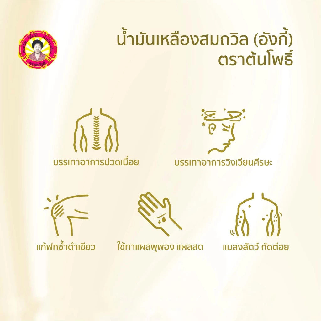 Somthawil Yellow Oil Ang Kee 24cc glass bottle packaging Thailand traditional herbal remedy for congestion aches insect bites