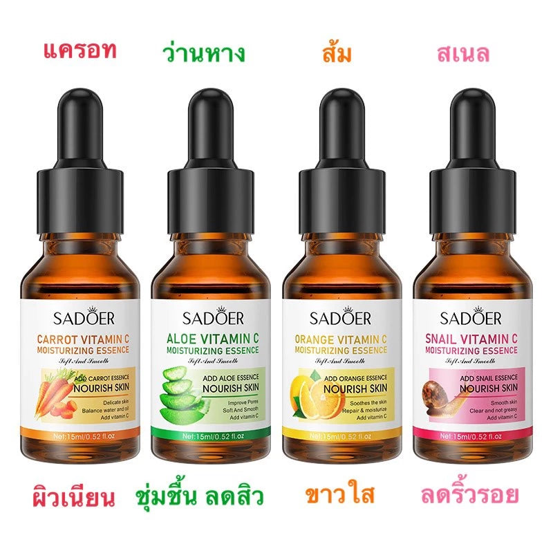 SADOER Serum 15ml bottle packaging Thailand brightening facial serum with Vitamin C Vitamin E natural extracts 4 formulas