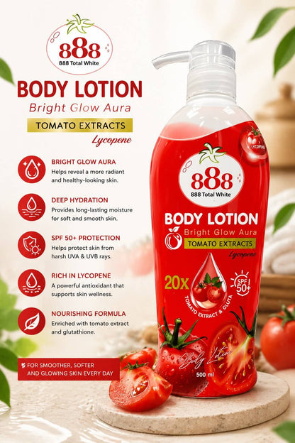 888 Total White Body Lotion texture close-up tomato extract vitamin C niacinamide formula