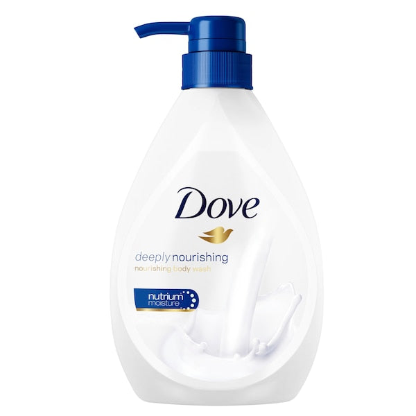 A pump bottle of Dove Deeply Nourishing Body Wash with a white label and blue accents.