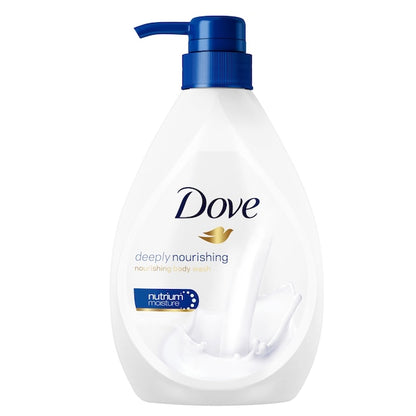 A pump bottle of Dove Deeply Nourishing Body Wash with a white label and blue accents.