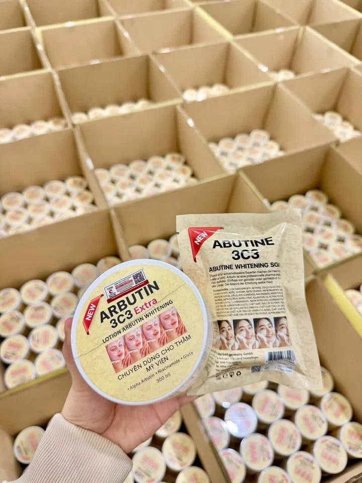 Woman applying Arbutine 3C3 Lotion for brighter even-toned radiant body skin before after
