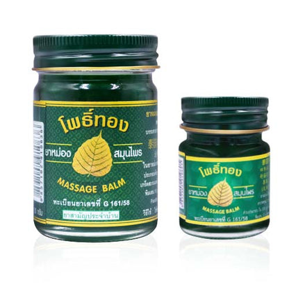 Person applying Pho Tong Green Cooling Balm demonstrating multi-purpose use including muscle massage, temple headache application, and insect bite relief technique
