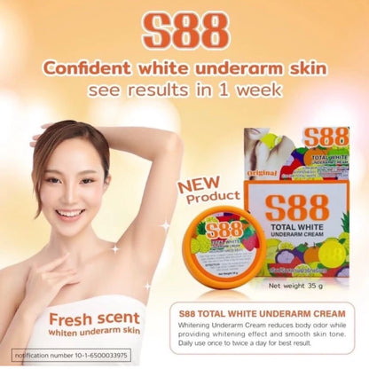 Before and after results showing visibly brighter smoother underarms after 6 weeks of daily S88 Total White Cream use