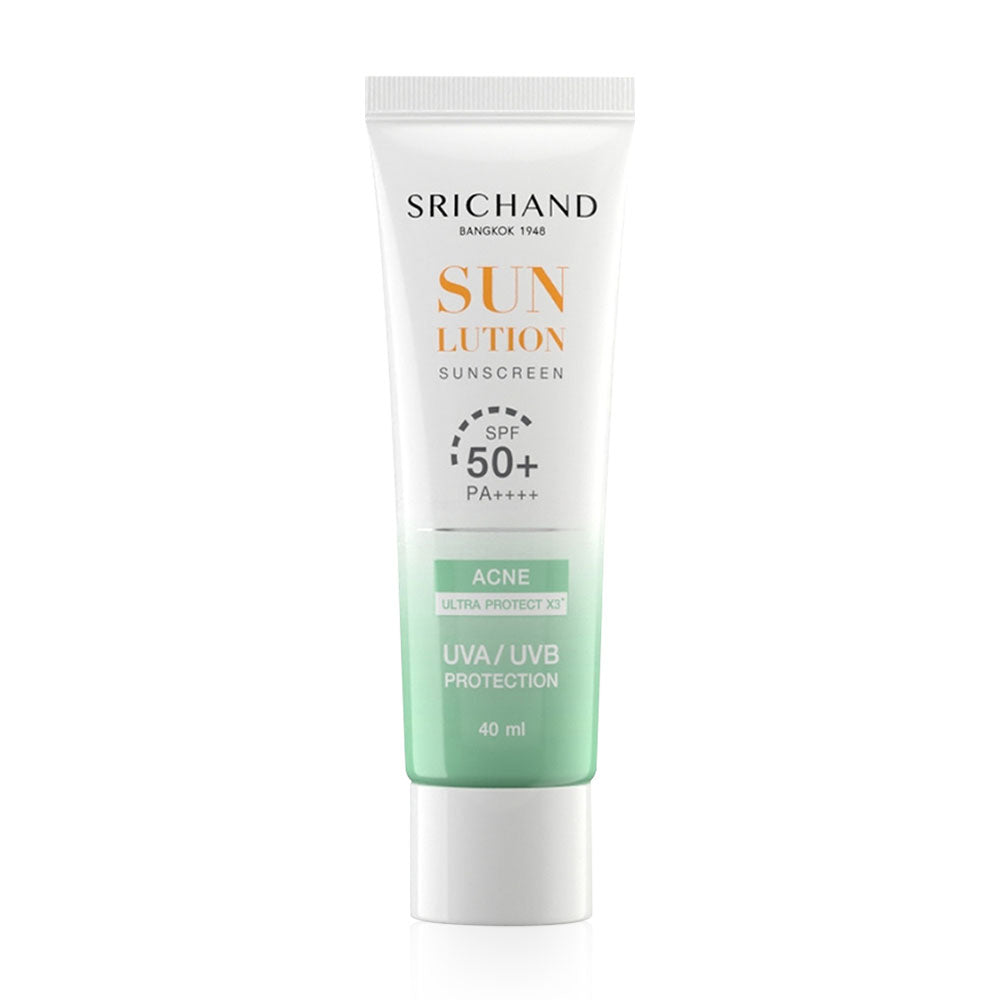 Srichand Sunlution Acne Care Sunscreen SPF50+ PA++++ 40ml Thai non-comedogenic sunscreen showing clear skin protection for wholesale buyers