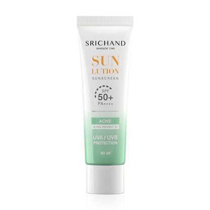 Srichand Sunlution Acne Care Sunscreen SPF50+ PA++++ 40ml Thai non-comedogenic sunscreen showing clear skin protection for wholesale buyers
