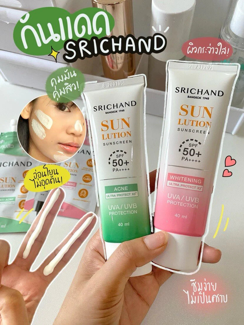 Asian woman applying Srichand acne care sunscreen demonstrating lightweight application technique for acne-prone skin protection