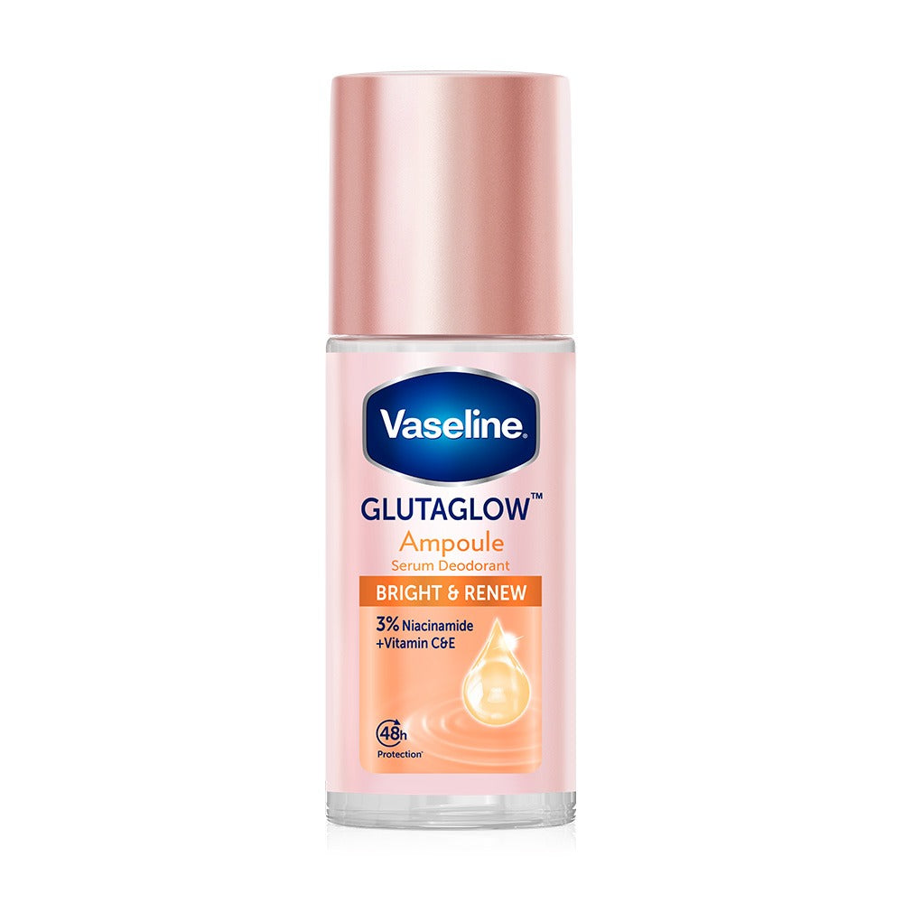 Vaseline GlutaGlow ingredients including 3% niacinamide glutathione and collagen with dermatologist-tested symbols for international quality