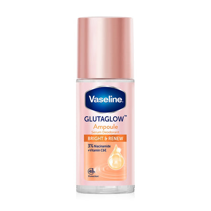 Vaseline GlutaGlow ingredients including 3% niacinamide glutathione and collagen with dermatologist-tested symbols for international quality