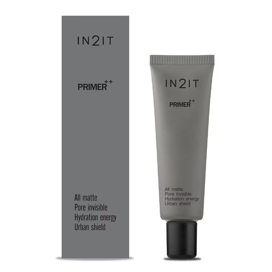 IN2IT PRIMER++ texture and key technology POLY-PTM anti-pollution, SHIELD-SKIN rejuvenation, ExtraH2O moisturization highlighting professional pore-minimizing formula