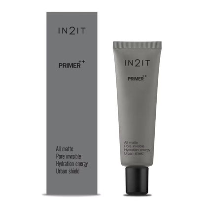 IN2IT PRIMER++ texture and key technology POLY-PTM anti-pollution, SHIELD-SKIN rejuvenation, ExtraH2O moisturization highlighting professional pore-minimizing formula