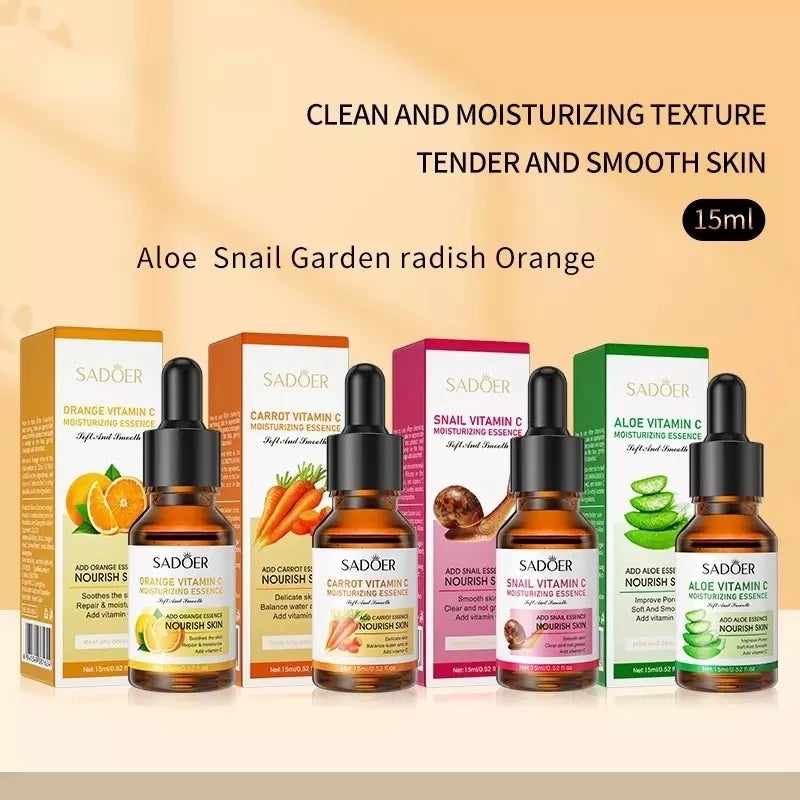 SADOER Serum 15ml bottle packaging Thailand brightening facial serum with Vitamin C Vitamin E natural extracts 4 formulas