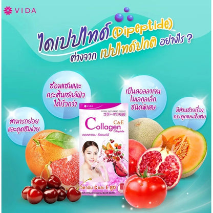 Vida Collagen C+E sachet close-up hydrolyzed collagen Vitamin C Vitamin E citrus formula