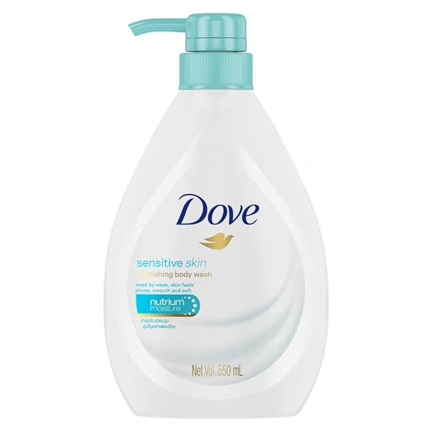 Dove sensitive skin body wash bottle with pump on a white background