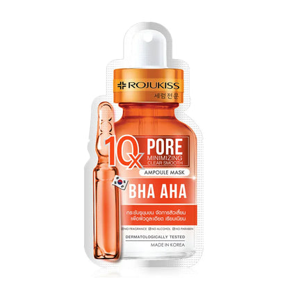 Rojukiss BHA AHA pore minimizing ampoule mask packaging on a white background