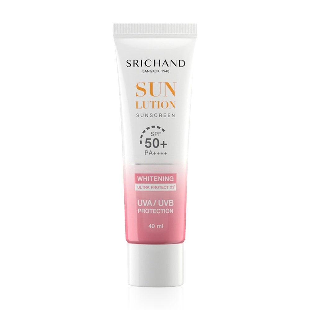  Srichand Sunlution Skin Whitening Sunscreen SPF50+ PA++++ 40ml Thai non-comedogenic sunscreen showing clear skin protection for wholesale buyers