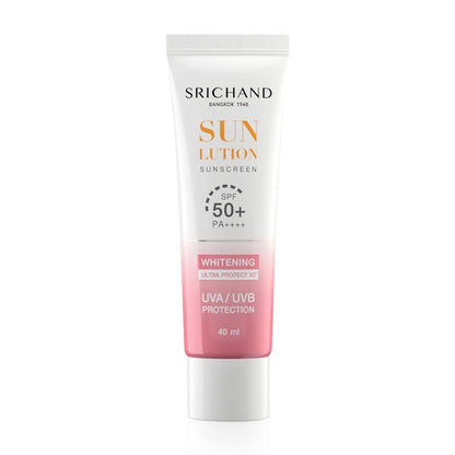  Srichand Sunlution Skin Whitening Sunscreen SPF50+ PA++++ 40ml Thai non-comedogenic sunscreen showing clear skin protection for wholesale buyers