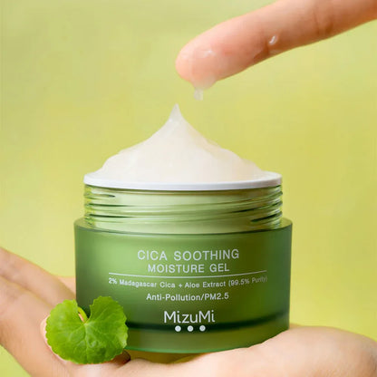 Mizumi Cica Soothing Gel texture close-up 2% Madagascar cica 99.5% aloe vera Bio-P formula