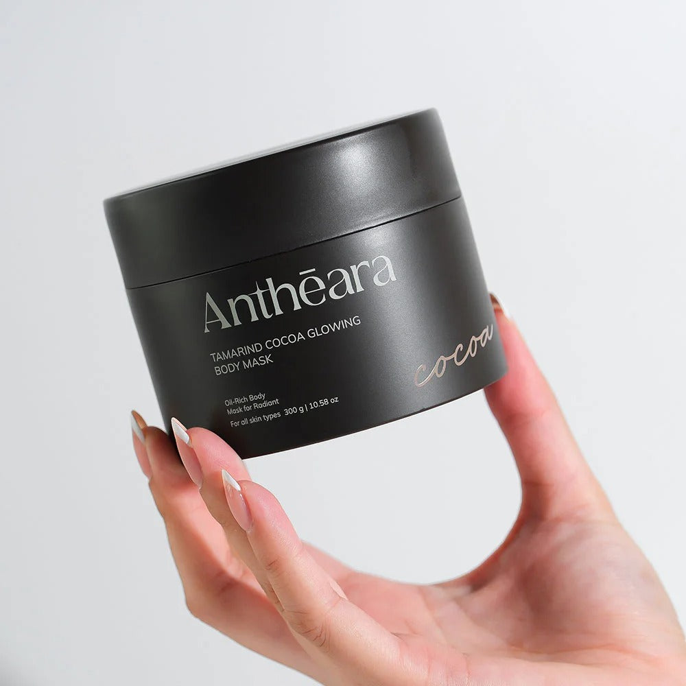 Antheara Cocoa Tamarind Glowing Body Mask 300g jar packaging Thailand exfoliating brightening body treatment with cacao butter mulberry shea butter