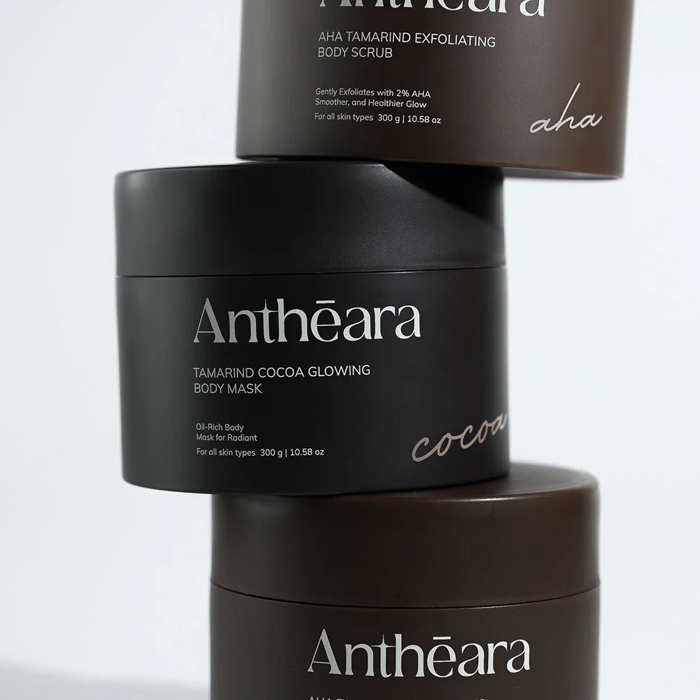 Antheara Cocoa Tamarind Glowing Body Mask 300g jar packaging Thailand exfoliating brightening body treatment with cacao butter mulberry shea butter