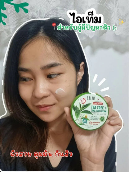 Woman applying Lalio Tea Tree Zinc Acne Cream for clear calm acne-free skin before after