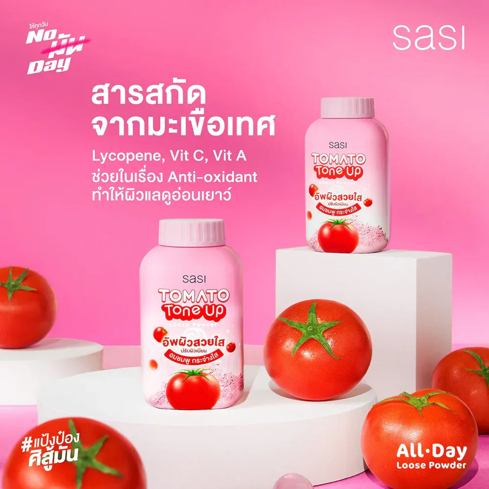 Woman applying SASI Tomato Tone-Up Powder for bright smooth radiant skin before after