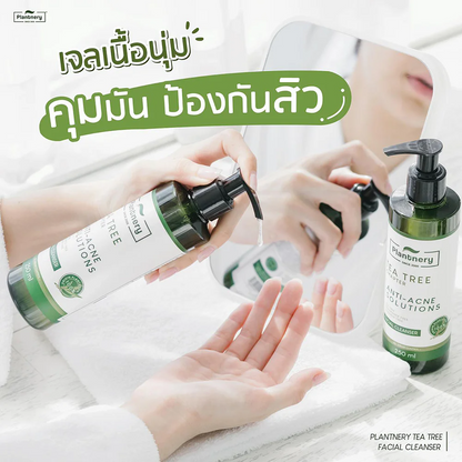 Woman using Plantnery Tea Tree Cleanser for clear balanced matte glowing skin before after results