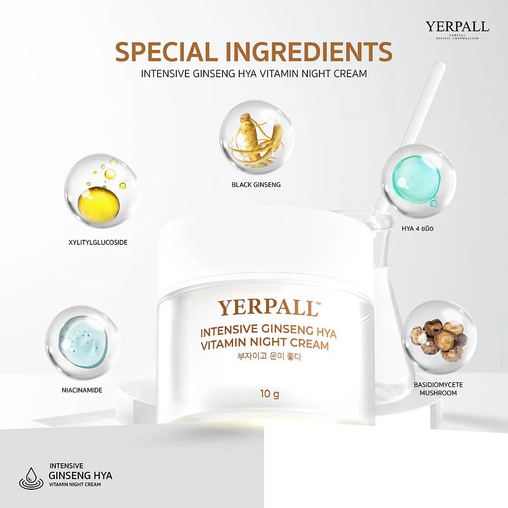 Yerpall Ginseng Hya Night Cream texture close-up lightweight fast-absorbing cream formula Black Ginseng 4 HA Niacinamide Vitamin Complex