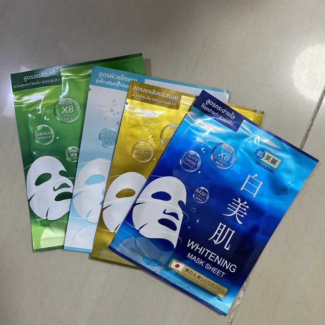 Woman applying Hadabirei Whitening Mask Sheet for brighter hydrated radiant skin before after