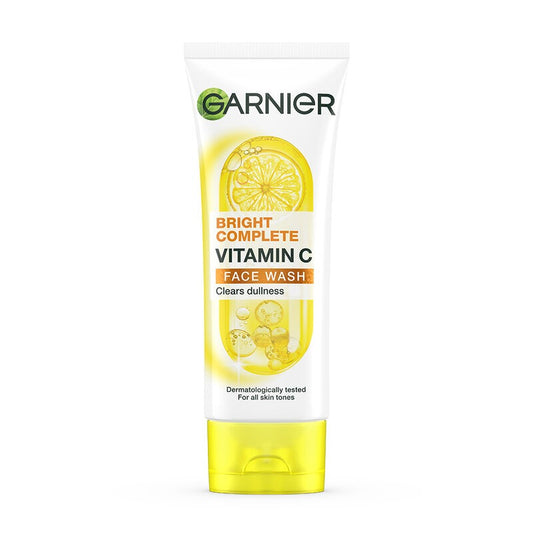 Garnier Bright Complete Vitamin C Face Wash 100ml tube packaging brightening facial cleanser with Vitamin C lemon essence