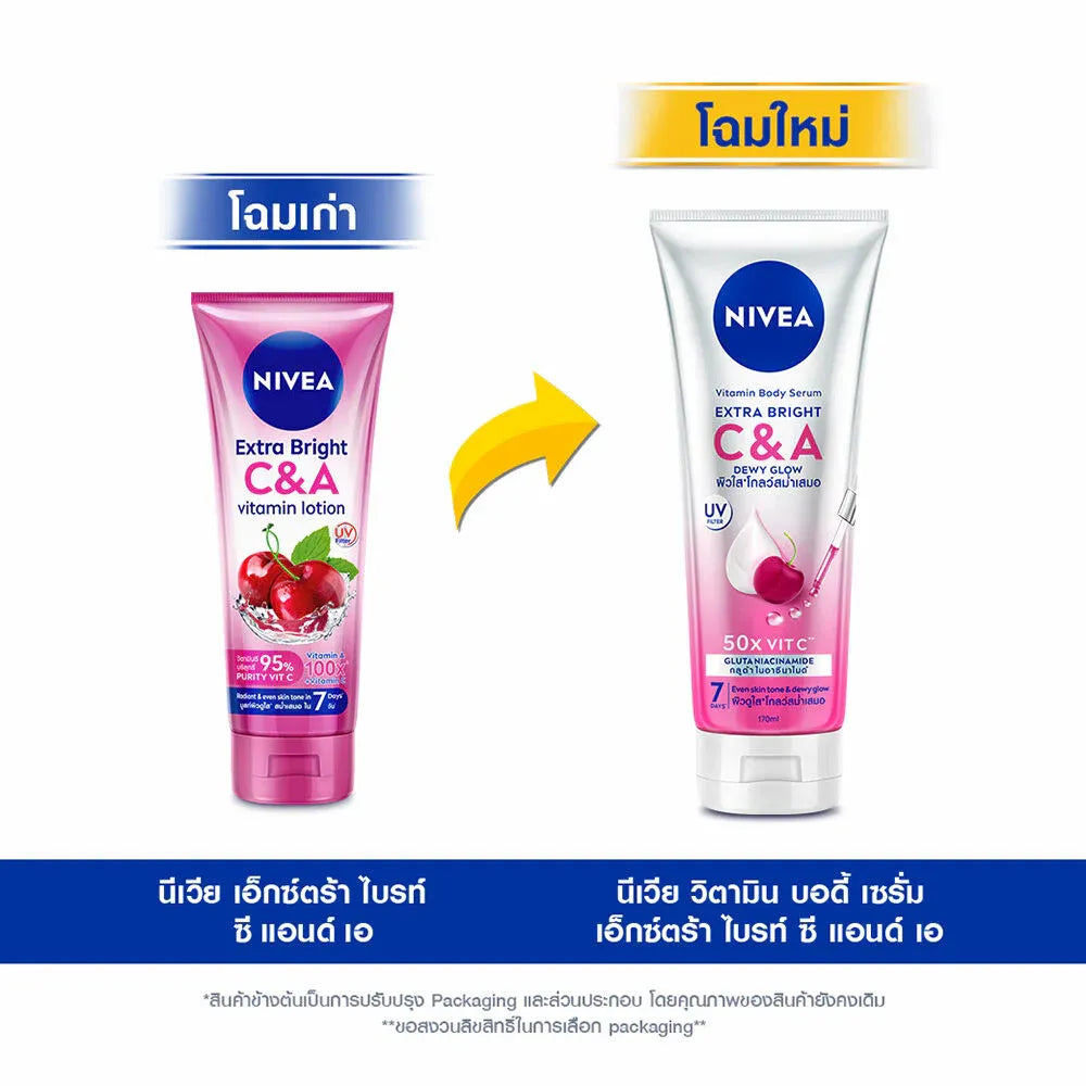 Woman applying NIVEA C&A Vitamin Lotion for bright smooth radiant glowing skin before after results