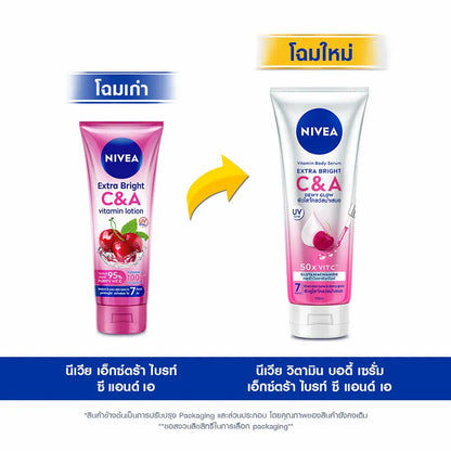Woman applying NIVEA C&A Vitamin Lotion for bright smooth radiant glowing skin before after results