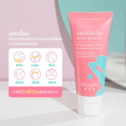 Woman applying Mizumi Underarm White Booster for bright smooth confident underarms before after