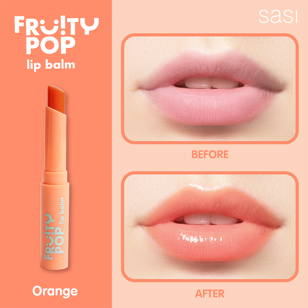 Woman applying SASI Fruity Pop Lip Balm Orange for soft hydrated lips before after