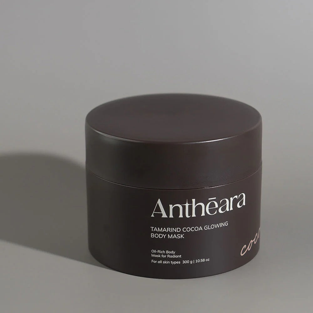 Woman using Antheara Cocoa Tamarind Body Mask for smooth bright radiant glowing skin before after results