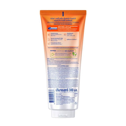 Nivea C&E Bouncy Radiance Serum texture close-up lightweight fast-absorbing serum formula 55X Vitamin C Vitamin E Niacinamide Glycerin