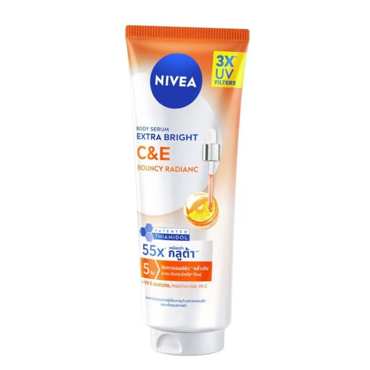Nivea Extra Bright C&E Bouncy Radiance Vitamin Body Serum 300ml bottle packaging international brightening body serum with 55X Vitamin C Vitamin E Niacinamide