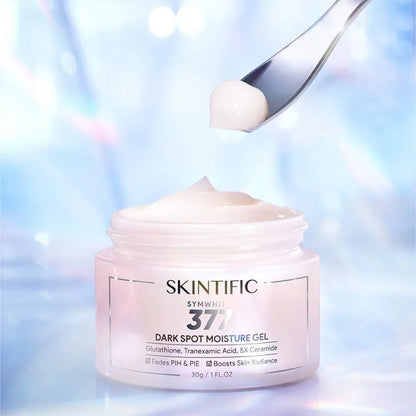 Woman applying Skintific SymWhite 377 Gel for brighter even-toned spot-free skin before after