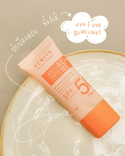 Venita Anti Acne Care Sunscreen SPF50 PA+++ 30ml tube packaging Thailand oil-free acne-safe sunscreen
