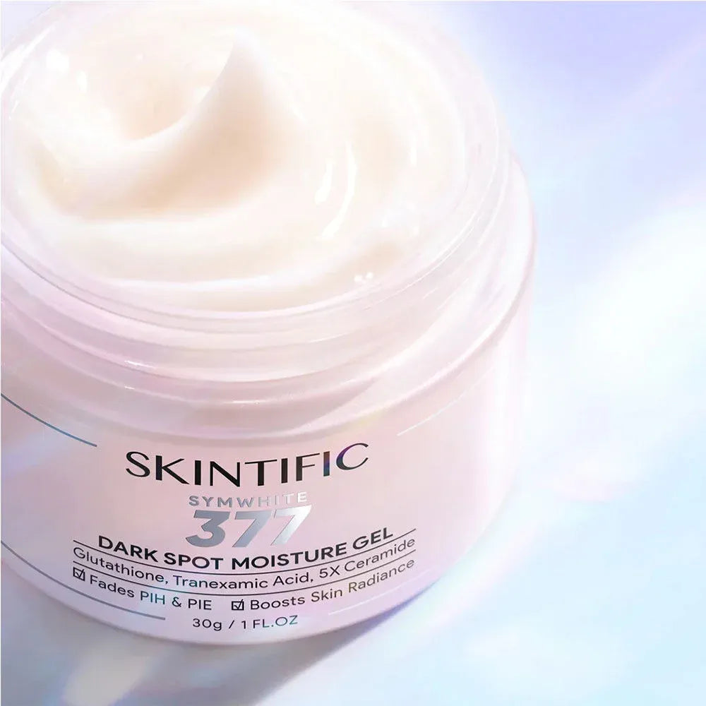 Woman applying Skintific SymWhite 377 Gel for brighter even-toned spot-free skin before after