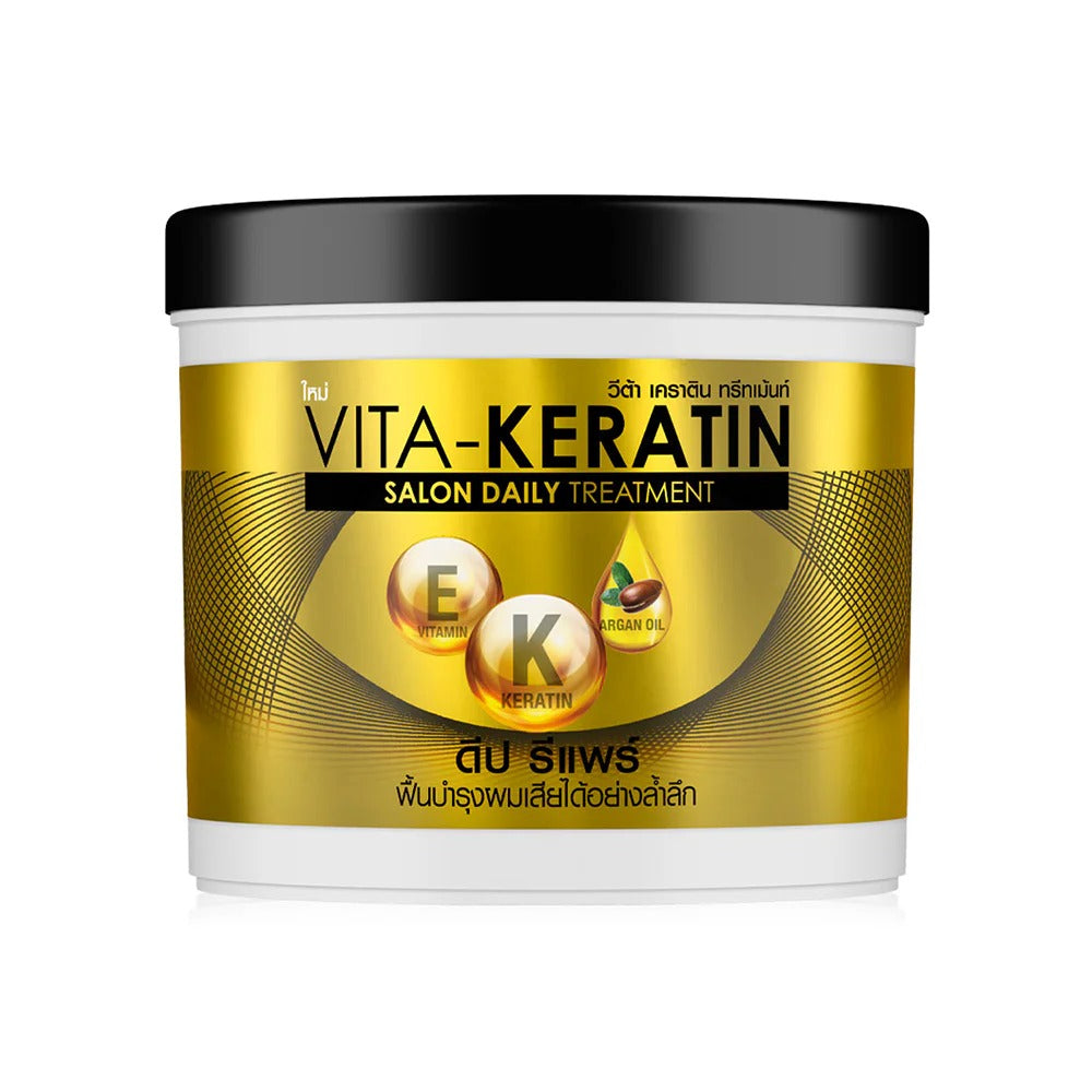 Woman applying Vita Keratin Daily Deep Repair for smooth strong radiant hair before after