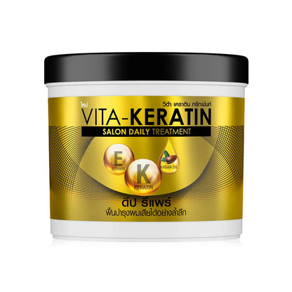 Woman applying Vita Keratin Daily Deep Repair for smooth strong radiant hair before after