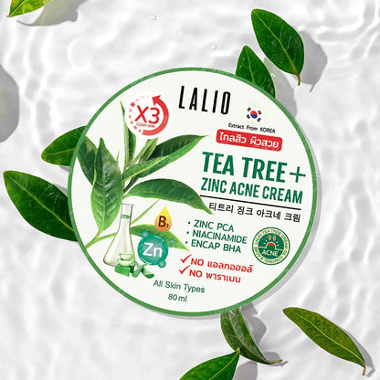 Woman applying Lalio Tea Tree Zinc Acne Cream for clear calm acne-free skin before after