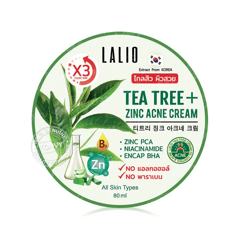Woman applying Lalio Tea Tree Zinc Acne Cream for clear calm acne-free skin before after