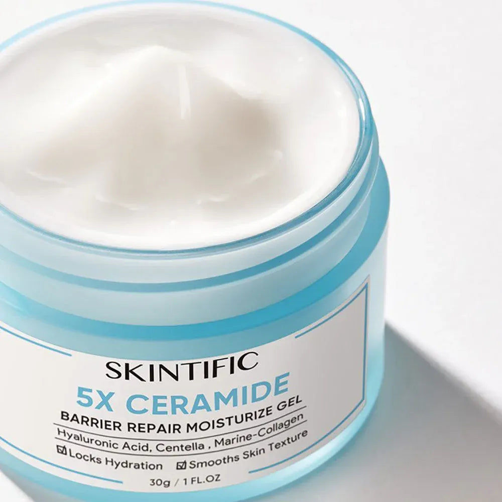 Woman applying Skintific 5X Ceramide Gel for stronger softer resilient skin before after